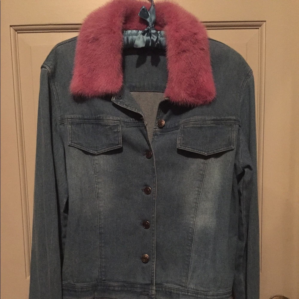 Pink mink trimmed jean jacket